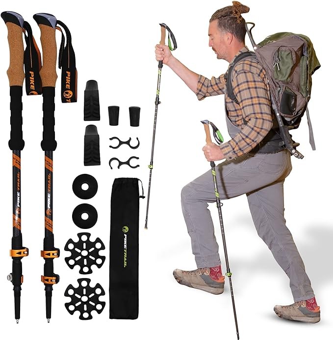 Pike Trail Hiking Poles – Lightweight carbon fiber collapsible pole – Ideal for walking and hiking – Suitable for men and women – Adjustable height and telescopic design – Includes carrying bag and ac