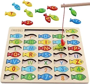 Magnetic Wooden Fishing Game Toy for Toddlers, Alphabet Fish Catching Counting Games Puzzle with Numbers and Letters, Preschool Learning ABC Math Educational Toys 3 4 5 Years Old Girl Boy Kids