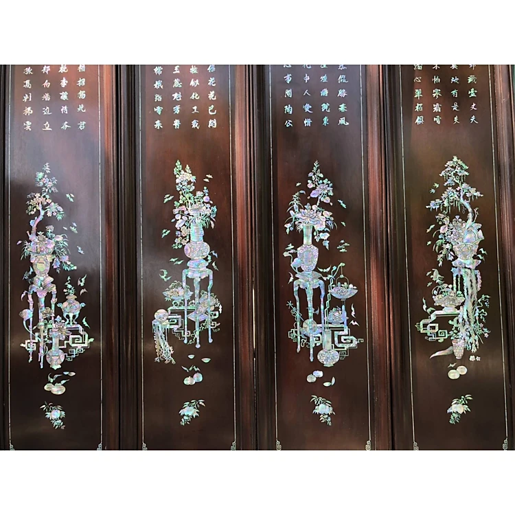 Four-panel painting, also known as Dong Bich painting, mahogany wood inlaid with red mother-of-pearl Singapore, size 31×117×4cm