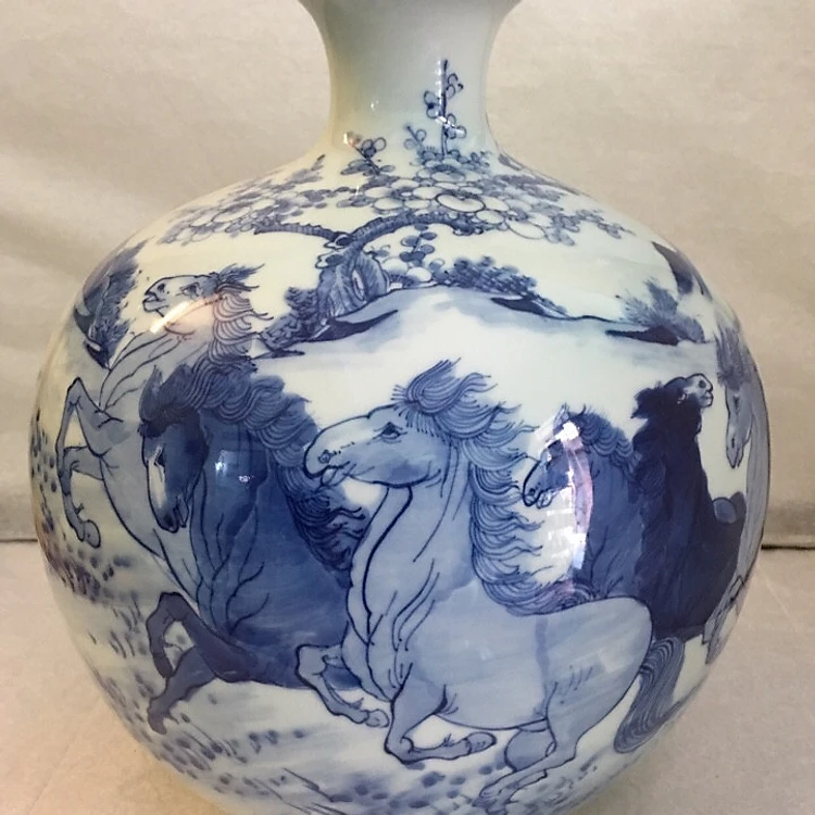 Bat Trang ceramic blue glaze fortune vase with eight horses painting