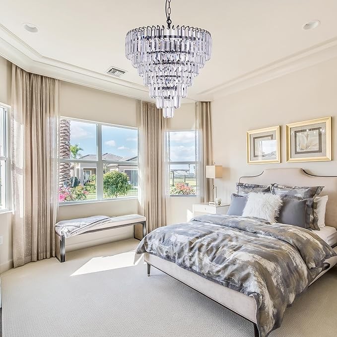 Tochic Crystal Chandelier Black Modern Chandelier for Dining Room Living Room 9-Light Round Chandelier for Bedroom 7-Tier Luxury Raindrop Pendant Light Fixture for Kitchen, Foyer, Entryway 20"