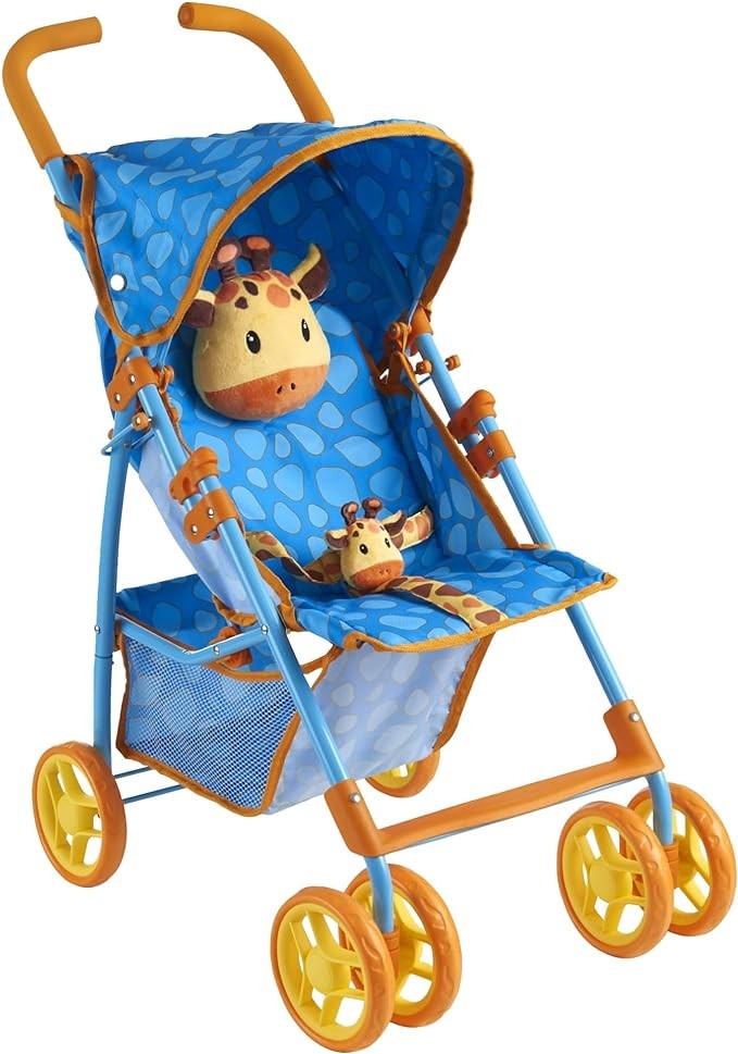 Baby Doll Stroller for Toddlers 1-3, Pillow Animal Toy Baby Stoller for Dolls, Blue Folding Baby Toy Stroller for Dolls, Foldable Baby Stroller Toy for Girls, for Kids (Giraffe)