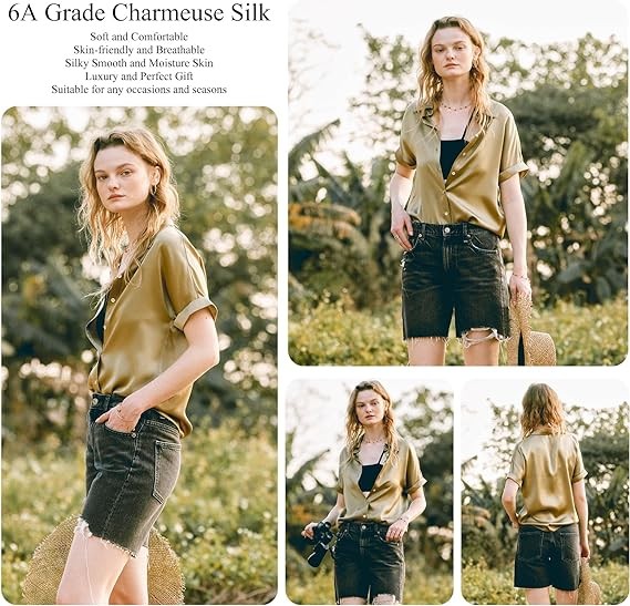 19mm Silk Blouse for Women Elegant V-Neck Short Sleeve Blouses Summer Casual Button Down Shirts Cool Smooth Tops