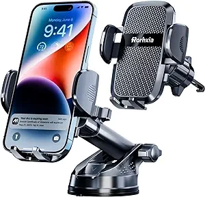 Rorhxia [2024 Newest Upgraded Strongest Military-Grade Phone Holders for Your Car 3in1 Cell Phone Car Mount Dashboard Vent Windshield Phone Holder Fit for iPhone 15 14 13 Pro Max Black