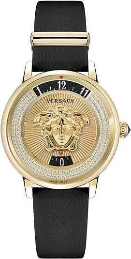 Versace Medusa Icon Collection Luxury Womens Watch Timepiece with a Black Strap Featuring a IP Yellow Gold Case and Gold Dial