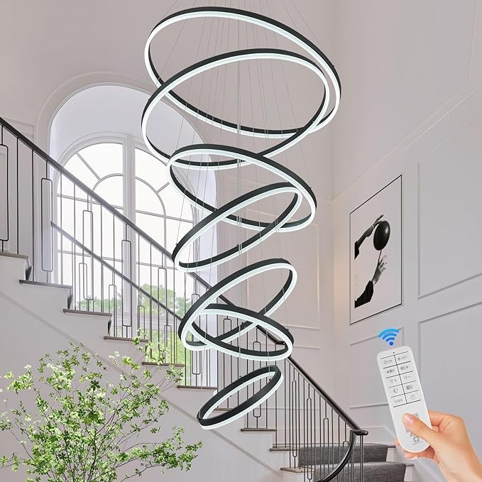 Benkut 7-Rings Modern LED Chandelier Black D31.5 Large Contemporary Chandelier for Staircase, Dimmable High Ceiling Chandelier Lighting with Remote Control for Villa Living Room Entryway 3000K-6500K