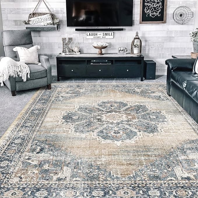 Small rug 9x12 washable non-slip bohemian rug anti-fouling rug suitable for living room dining room bedroom low pile super soft carpet (blue, 9x12)