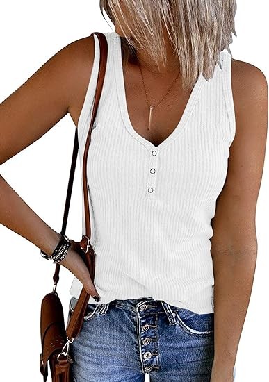MEROKEETY Womens V Neck Tank Tops Summer Sleeveless Ribbed Button Casual Henley Shirts