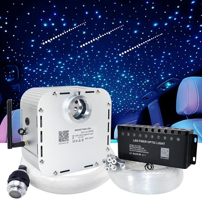 AMKI 32W Flash Mix 800pcs 16.6ft (about 5m) Fiber Optic Starlight Headgear Kit with Shooting Star, Pure White Meteor Kit RGBW Voice Activated APP Remote Control, Suitable for Car Home Roof Decoration