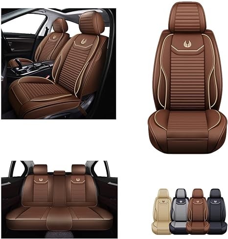 OASIS AUTO Car Seat Covers Premium Waterproof Faux Leather Cushion Universal Accessories Fit SUV Truck Sedan Automotive Vehicle Auto Interior Protector Full Set (OD-008 Brown)