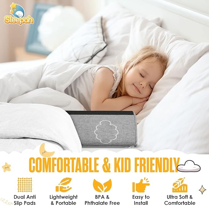 Sleepah Bed Rail for Toddlers Memory Foam Bed Bumper Guard w Dual Non-Slip Pads (Top & Bottom) is Waterproof Washable Soft Removable Cover for Kids, Adults & Seniors (1)