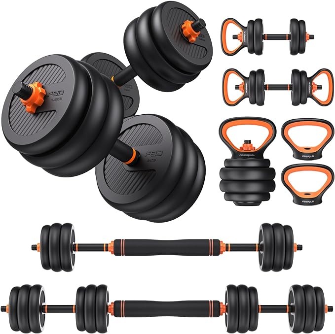 FEIERDUN Adjustable Dumbbells, 40/50/70/90lbs Free Weight Set with Connector, 4 in1 Dumbbells Set Used as Barbell, Kettlebells, Push up Stand, Fitness Exercises for Home Gym Suitable Men/Women