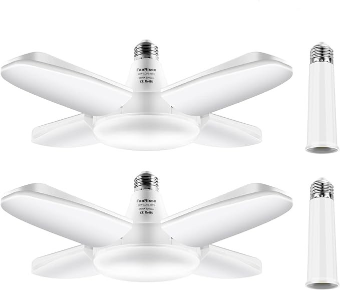 LED Garage Light 500W Equivalent Deformable Ceiling Bulb 45W 4500LM 6500K Cool Daylight White, E26/E27 Medium Base LED Shop Light for Garage Basement Shop Workshop Warehouse Barn