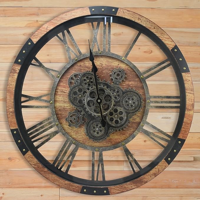 27" Large Real Moving Gear Wall Clock with Tempered Glass Cover, Extra Large Vintage Solid Wood Farmhouse Clock, Large Decorative Country Wall Clock for Living Room Home Kitchen Office (Brown)