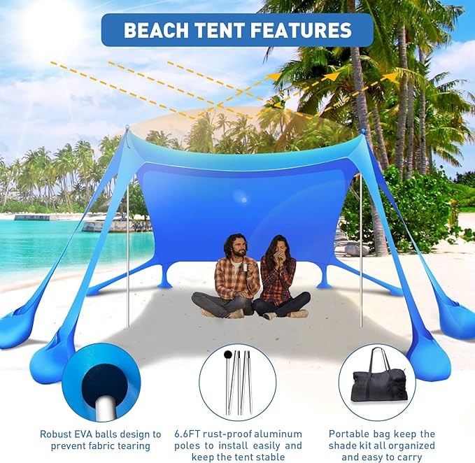 Beach Tent Awning Pop Up Awning 10x10ft Awning Portable Home UPF50+ Carrying Bag with 8 Sandbags - 2 Sand Shovels - 4 Aluminum Pole - Grounding Pegs - Outdoor Camping Fishing Backyard Picnic