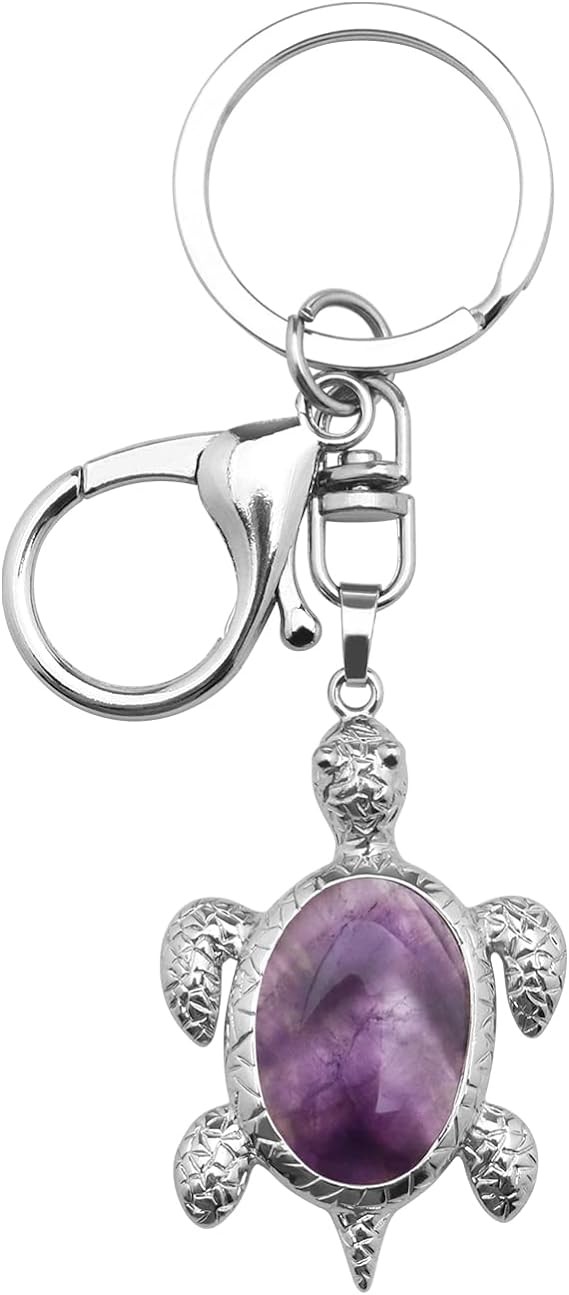 Create idea Natural Amethyst Sea Turtle Keyring Energy Stone Natural Gemstone Lobster Clasp Pendant Charm Keychain for Purse Backpack Handbag Mobile Phone Jewelry Accessory