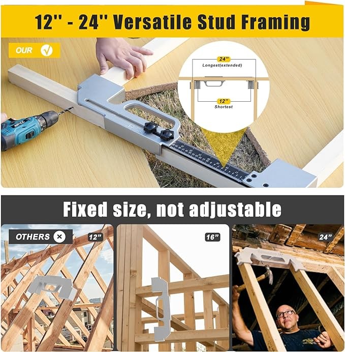 DWOLM Adjustable Size Framing Tools, 12in-24in Framing Stud Layout Tool, Solid Cast Aluminum Precision Framing Spacing Tool, Framing Jig, Wood working Tools And Accessories