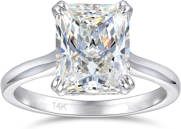 14K White Gold Engagement Ring, 4 Carat Radiant Cut Engagement Rings, Solid 14k White Gold Moissanite Ring for Women