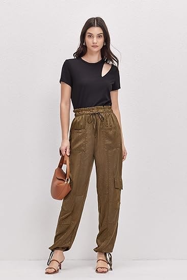 Women's Pants Ruffle Elastic High Waisted Cargo Pants Drawstring Tapered Leg Combat Military Trousers 5 Pockets