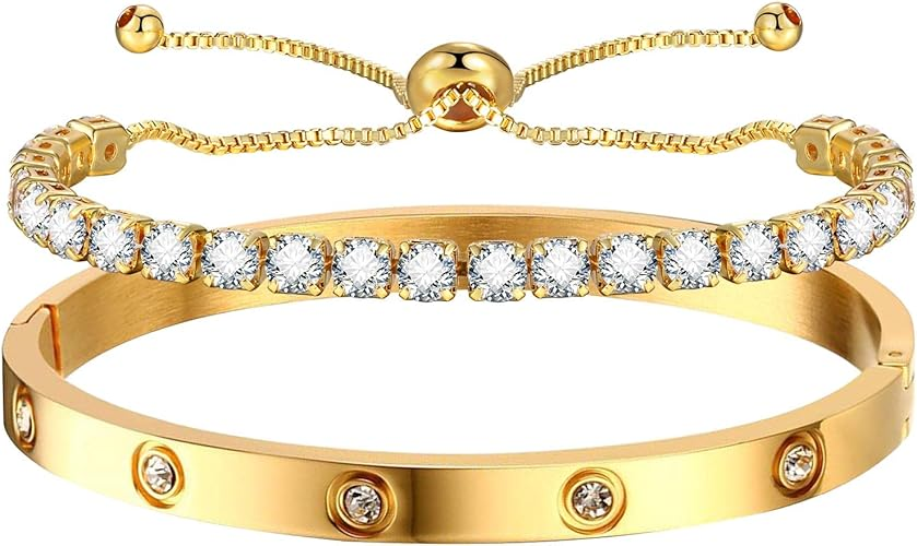 MPRAINBOW 2pcs Gold Chain Link Bracelet - Stainless Steel Love Crystal Friendship Bracelet Bangle,Watch Band Chain Wristband Jewelry with Adjust Tool