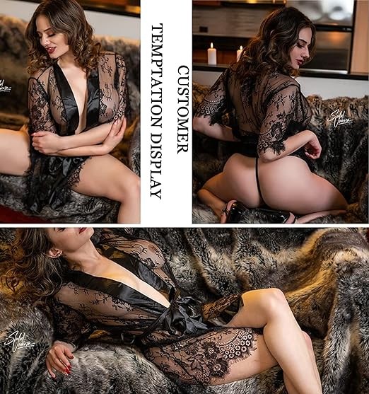 Avidlove Women Kimono Robe Floral Lace Babydoll Lingerie Sheer Mesh Nightgown
