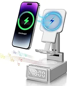 YUN CHUANG Bluetooth Speaker Alarm Clock and 15W Wireless Charger 4 in 1 Portable Cell Phone Stand,Anti-Slip Base,5.3 HD Surround Sound Compatible with iPhone/ipad/Samsung/Gifts for Men Women (White)
