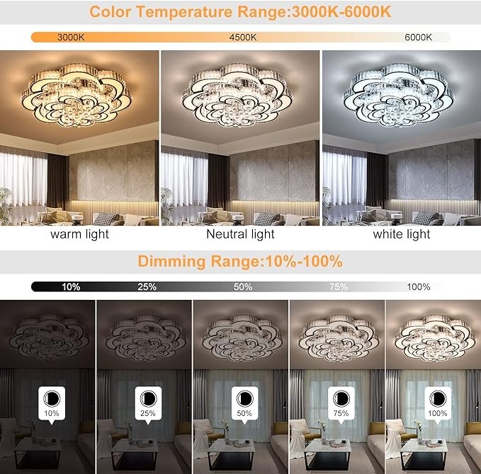 Modern K9 crystal chandelier recessed ceiling light fixture dimmable LED chandelier for living room and dining room (32 inches in diameter)