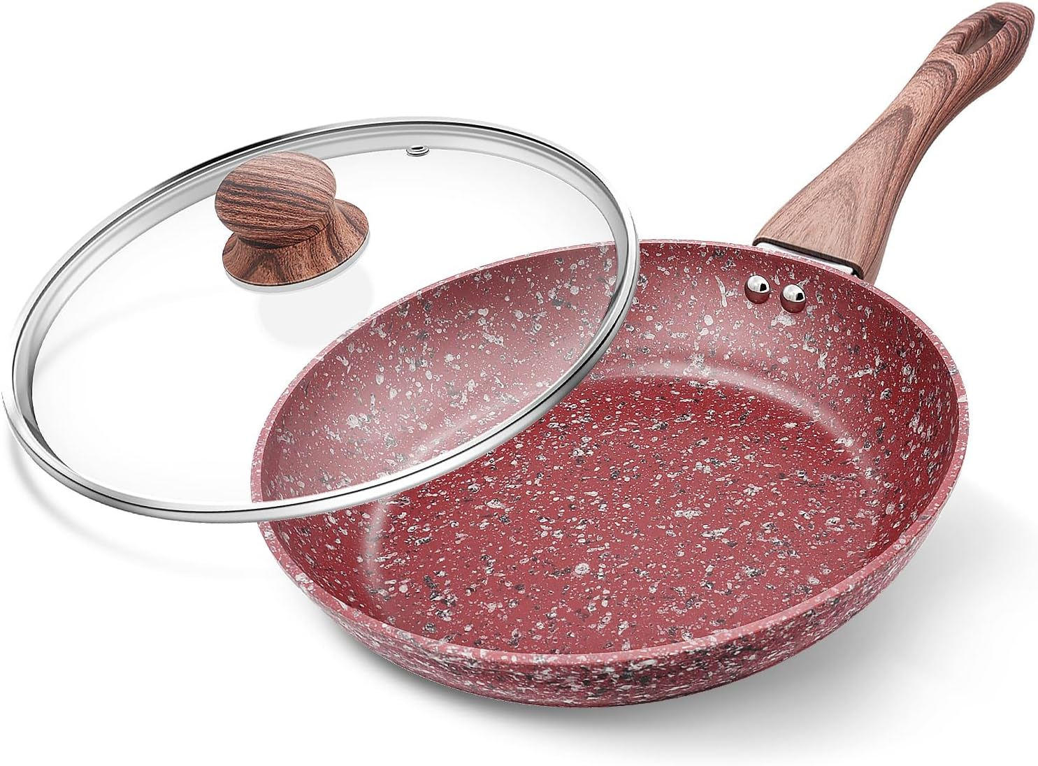 KOCH SYSTEME CS 12" Red Granite Non-Stick Frying Pan with Lid, Classic Pans with Non-toxic Nonstick Coating, Aluminum Skillet with Detachable Bakelite Handle, Induction Compatible Saute Pan