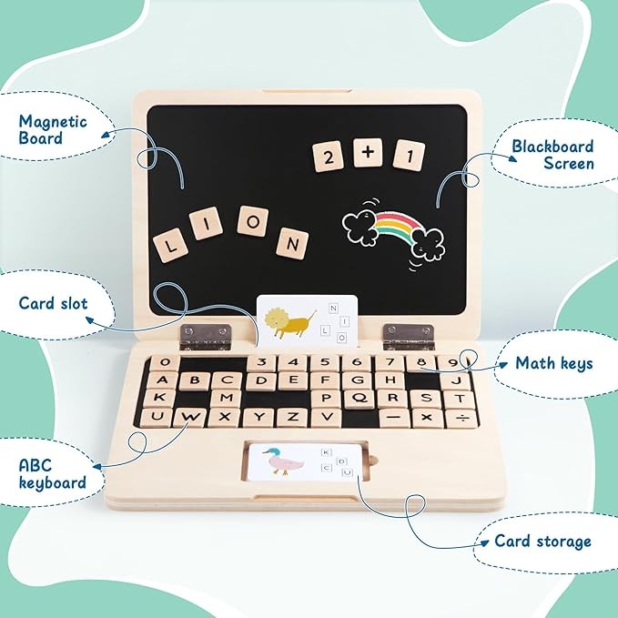 Asweets Wooden Toy Computer Montessori Toy Laptop for Kids Pretend Laptop Play Toy Fun Preschool Learning Toys Keyboard Gift for Toddlers with 53 PCS