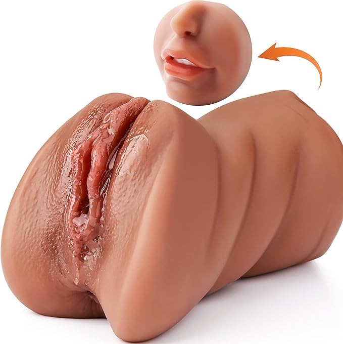3 in 1 Pocket Pussy Male Masturbators with Lifelike Face, Sex Doll with Realistic Textured Mouth Vagina and Tight Anus, Masturbator Deep Throat Oral Adult Sex Toys for Men Masturbation (Brown)