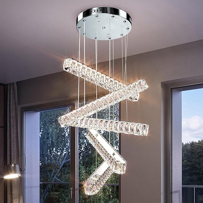Fang Yan Mei modern crystal chrome chandelier, 5 light LED chandelier, hanging linear light fixture ceiling light fixture for dining room living room kitchen bedroom