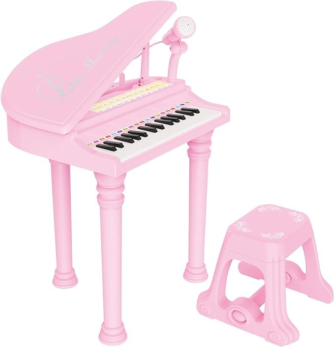 Kids Piano Keyboard Toy, Toddler Electronic Musical Instrument Educational Toy with Microphone, Multiple Sounds, Record Playback, Lights & Stool, Birthday Gift for 3 4 5 6 7 Years Old
