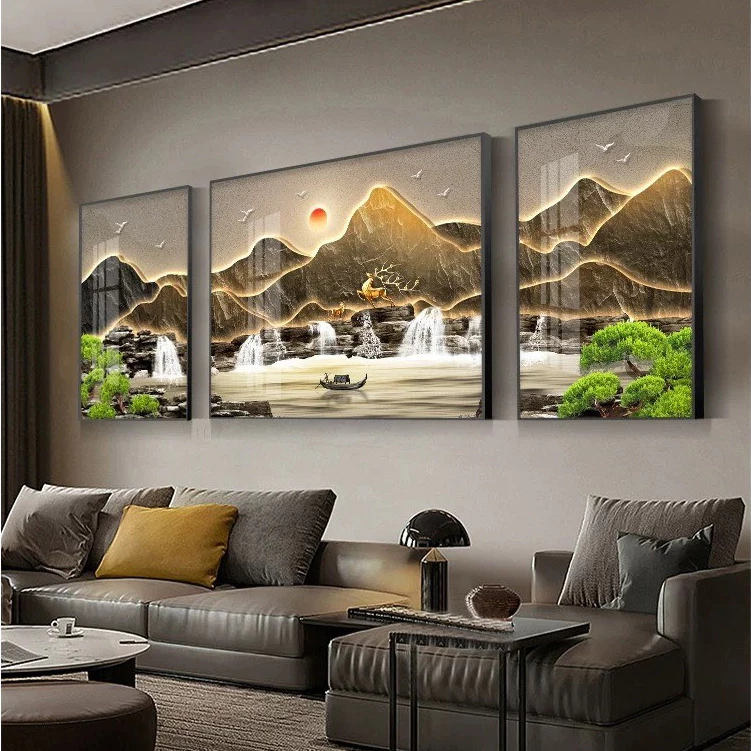 Set of 3 Lucky Deer Paintings, Watercolor Landscape, High-Quality Mirror Material, Living Room Decoration for Tet, Gift