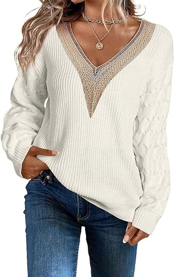 EVALESS Womens Long Sleeve Sweaters Fall 2023 Trendy Sexy Lace V Neck Knit Drop Shoulder Pullover Sweater Jumper Tops