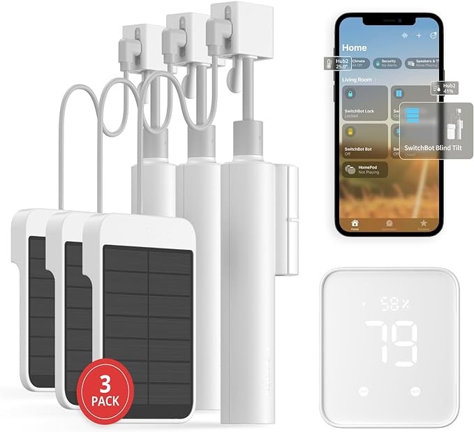 SwitchBot Blinds Tilt Automatic Blinds 3-Pack and Hub 2 - Smart Electric Blinds with Bluetooth/IR Remote, WiFi Thermometer Hygrometer, Light Sensor, Works with Alexa, Google Home, HomeKit