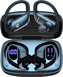 bmani Wireless Earbuds Bluetooth Headphones 48hrs Play Back Sport Earphones with LED Display Over-Ear Buds with Earhooks Built-in Mic Headset for Workout Black