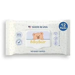 Baby Bear Sensitive Baby Wipes - Unscented, 99% Water, Plant Based, Soft and Gentle, Made in the USA - 60 Count, Pack of 12