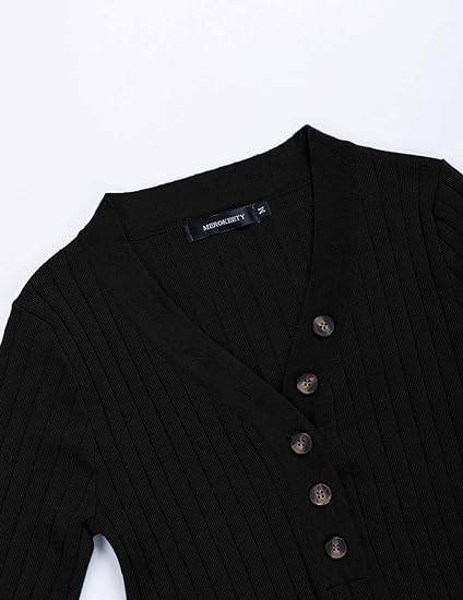 MEROKEETY Women's 2023 Long Sleeve V Neck Ribbed Button Knit Sweater Solid Color Tops