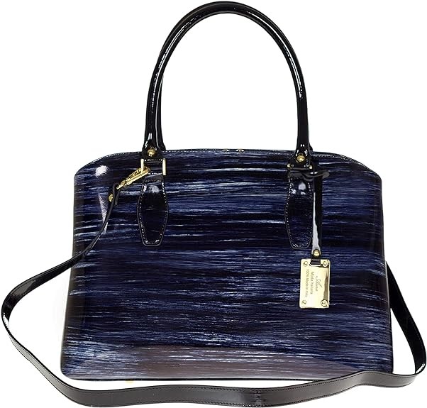 AURA Italian Made Dark Navy Blue Stripe Patent Leather Tote Handbag
