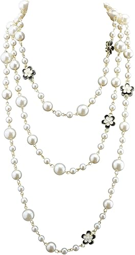 Fashion Design Chic Long Imitation Pearl Clover Flower Strand Necklace for Women