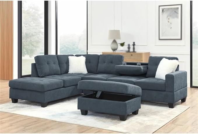 CHCDP 107" Fabric Sectional Sofa Couch with Storage Ottoman, L Shape Sofa with Folded Cup Holder Panel