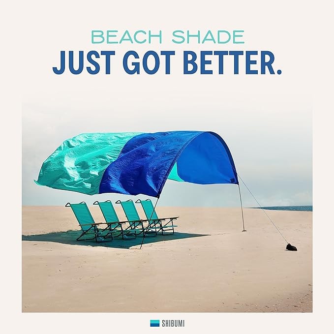 Shibumi Shade® World's Best Beach Awning, The Original Wind Power® Beach Awning, provides 150 square meters of shade, is compact, easy to carry, sets up in 3 minutes, designed and sewn in the USA.