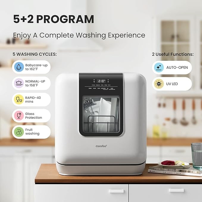 COMFEE' Countertop Dishwasher, Portable Dishwasher with 6L Built-in Water Tank, Mini Dishwasher with More Space Inside, 7 Programs, UV Hygiene& Auto Door Open, for Apartments, Dorms& RVs, White