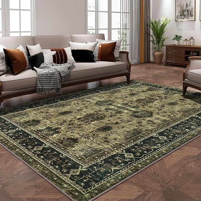 Large Vintage Washable Rug 20.32 x 25.40 Taupe/Multi Pile Indoor Floral Print Rug Anti-Slip Printed Persian Bohemian Area Living Room Rug