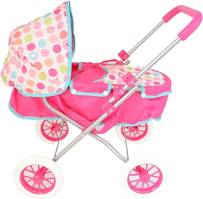 KOOKAMUNGA KIDS Baby Doll Stroller - Realistic 2 in 1 Baby Stroller for Dolls w/Detachable Bassinet – Toy Pram w/Carry Cot, Retractable Canopy & Soft Grip Handle - for Dolls up to 18" - Pink Flower