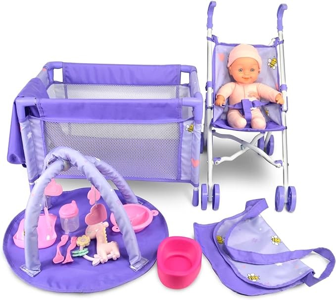 ANIVIA 5PCs Baby Doll Stroller Set - Baby Doll Accessories Set Includes Doll Stroller/Doll Crib/Play Mat/Feeding Toy/Diaper Bag, Nursery Role Play Set (11" Doll Included) Purple