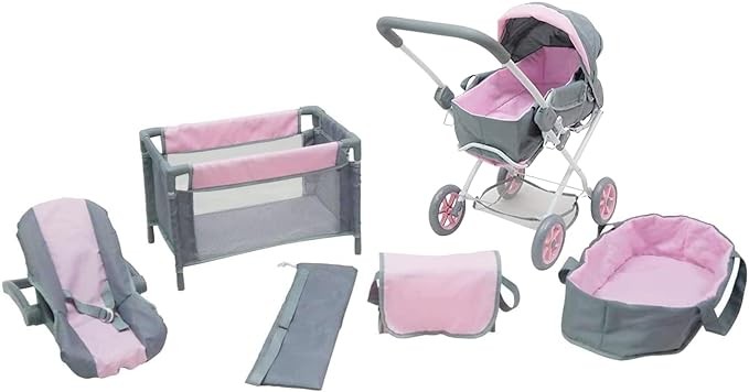 KOOKAMUNGA KIDS 5 Pc Baby Doll Stroller Set - Baby Doll Accessories - Baby Doll Playset w/ Doll Crib Stroller Car Seat - Playpen - Carry Cot - Diaper Bag - Ages 3+ - Deluxe Gray / Pink