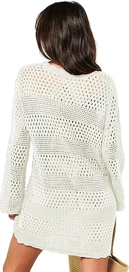 Prinbara Women Swimsuit Crochet Hollow Out Swim Cover Up Bikini Swimwear Knit Mesh Tunic Beach Dress