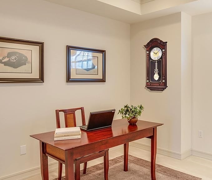 SEIKO Stately dark brown solid oak case wall clock with pendulum and chime