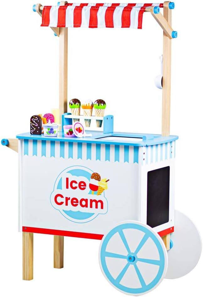 Bigjigs Toys Wooden Ice Cream Cart Toy - 18x Pieces of Ice Cream & Ice Lolly Toy Food with Spoons & Ice Cream Scoop, Quality Kids Ice Cream Cart